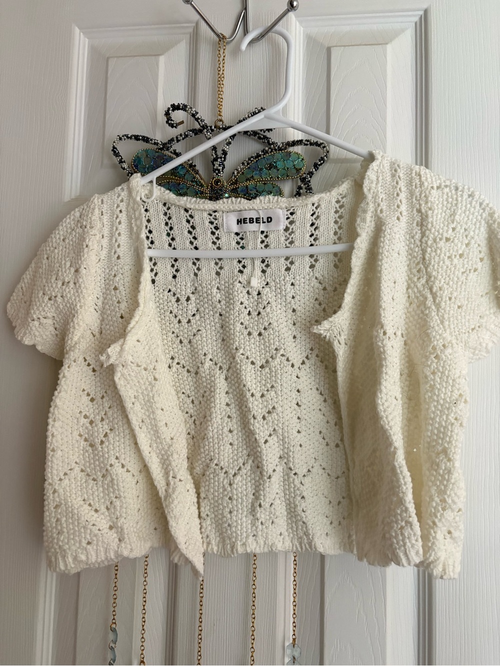 HEBOLD Cream Crochet Knit Short Sleeve Cardigan